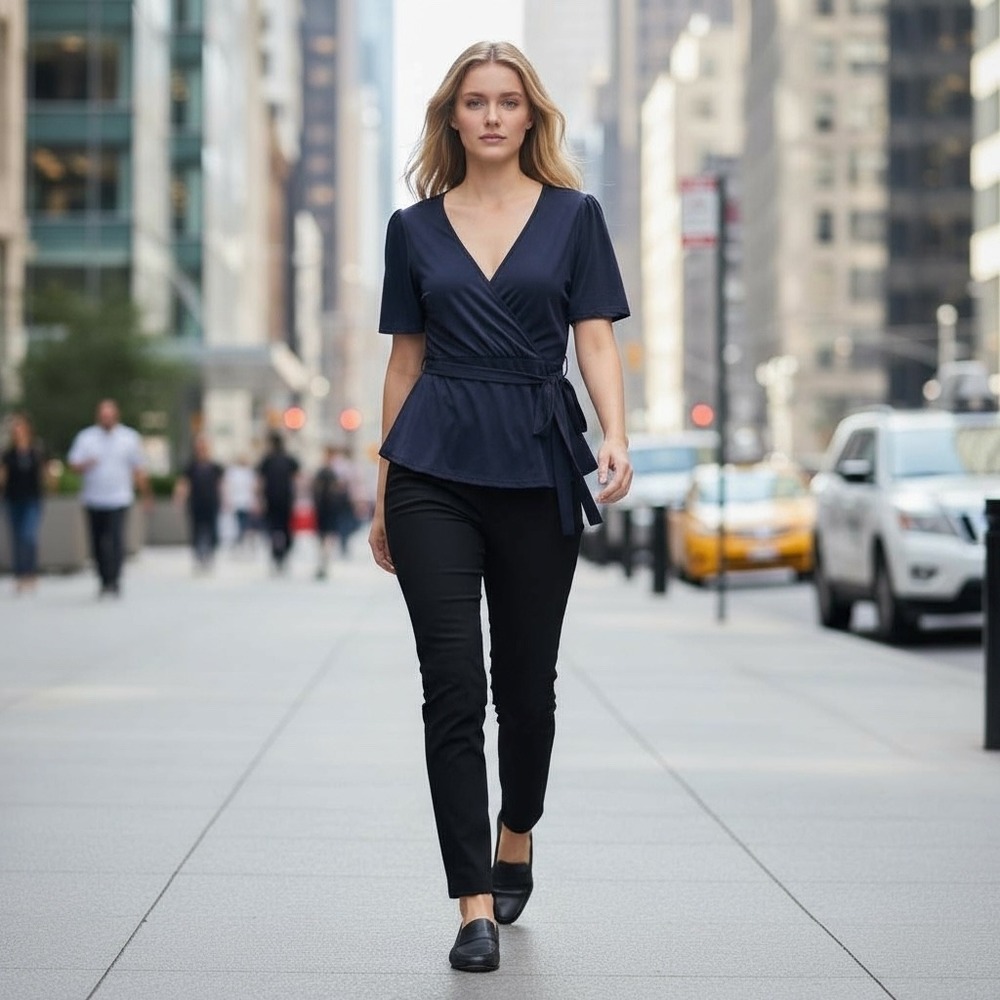 Wrap-Front Peplum Blouse in Navy
